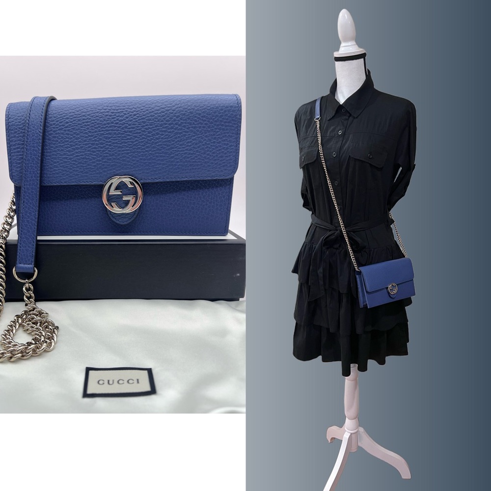 ❌SOLD❌NWT Gucci Dollar Calfskin Interlocking G Chain Wallet Bag Caspian Blue